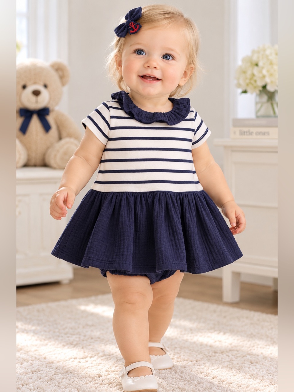 Sperry Baby Girl 3-Piece Nautical Striped Dress Bloomer & Hair Clip Set 6/9M NWT